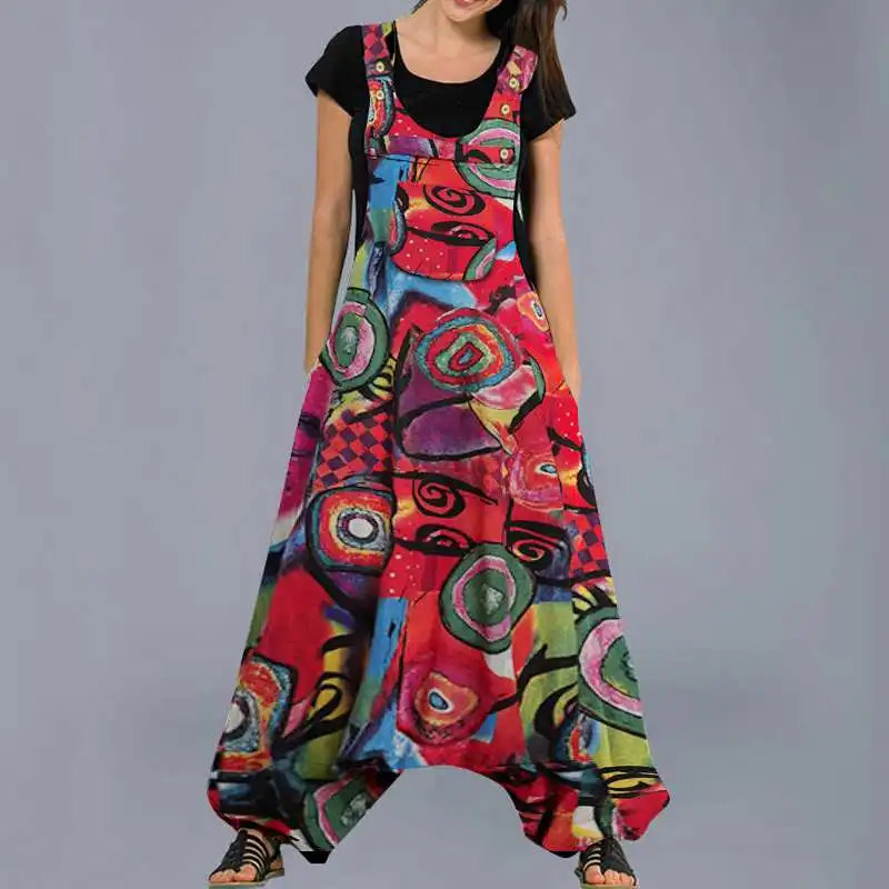 

Spring Jumpsuits VONDA 2021 Women Sexy Sleeveless Vintage Printed Jumpsuits Dungarees Bohemian Rompers Women Office Overalls