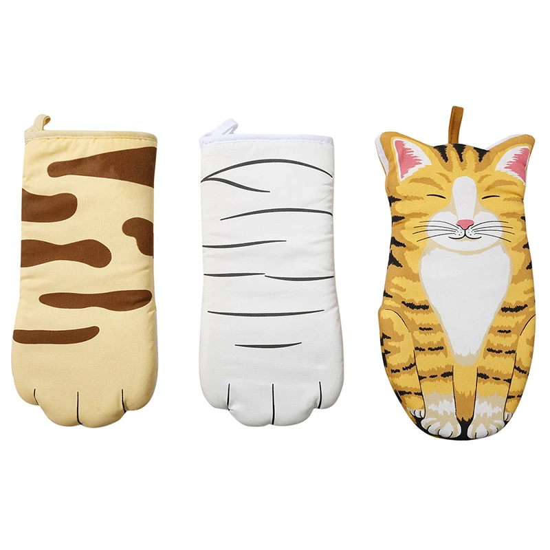 

Cute Cartoon Cat Paws Oven Mitts Long Cotton Baking Insulation Microwave Heat Resistant Gloves Anti-Scald Non-Slip Gloves