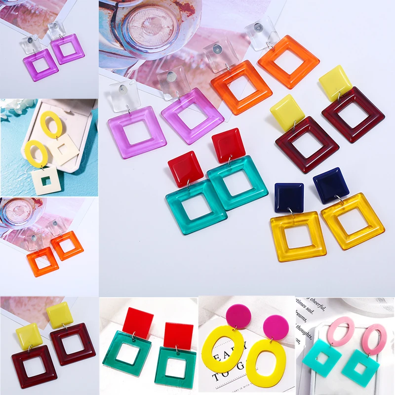 

1Pair Candy Color Acrylic Plastic Hollow Geometric Round Square Long Drop Earrings Women Girls Gifts Jewelry Party