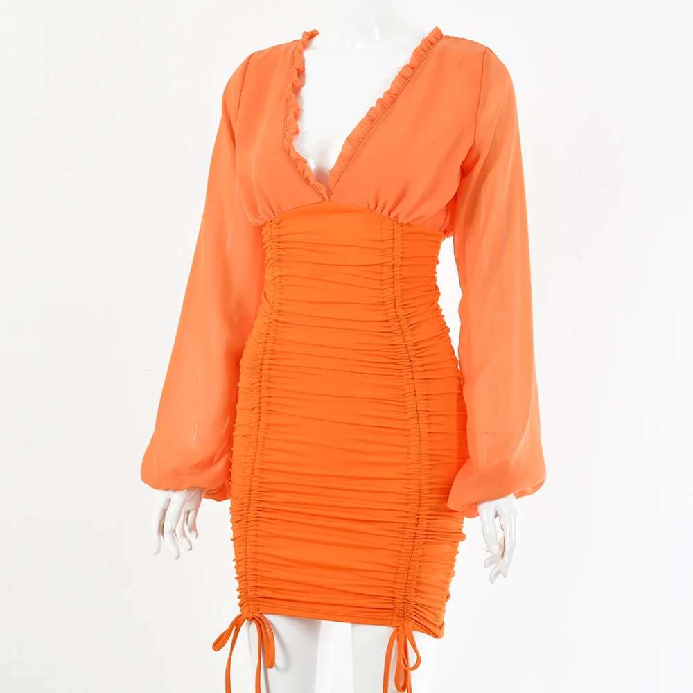 

Women Elegant Stacked Drawstring Ruched Bodycon Dress Backless Long sleeve Deep V neck Party Sexy Summer Night Club Mini Dress
