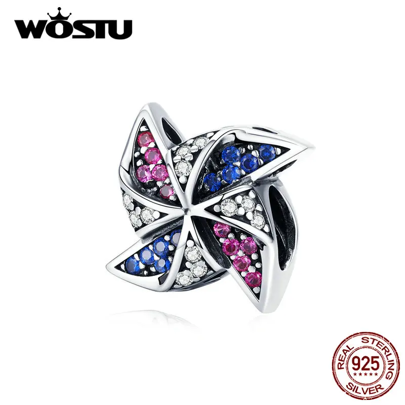 WOSTU мульти-цветная мельница шарика 925 пробы серебро циркон браслеты с подвесками, подходят к оригинальному браслету кулон Для женщин Радужный бижутерия CQC1265