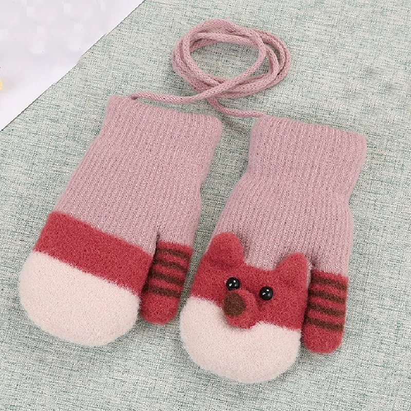 

Winter cute Cartoon Children's Gloves Knitted wool plus velvet thickening outdoor warm gloves Fashion Unisex dark pink gloves
