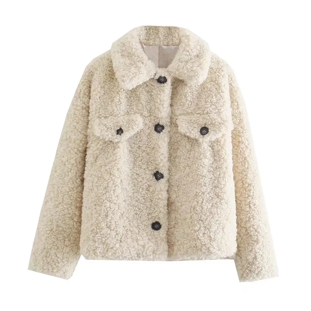 

2021 Fashion Women Overshirt Jacket Thick Warm Faux Fur Loose Teddy Coat Vintage Long Sleeve Pockets Female Outerwear Chic