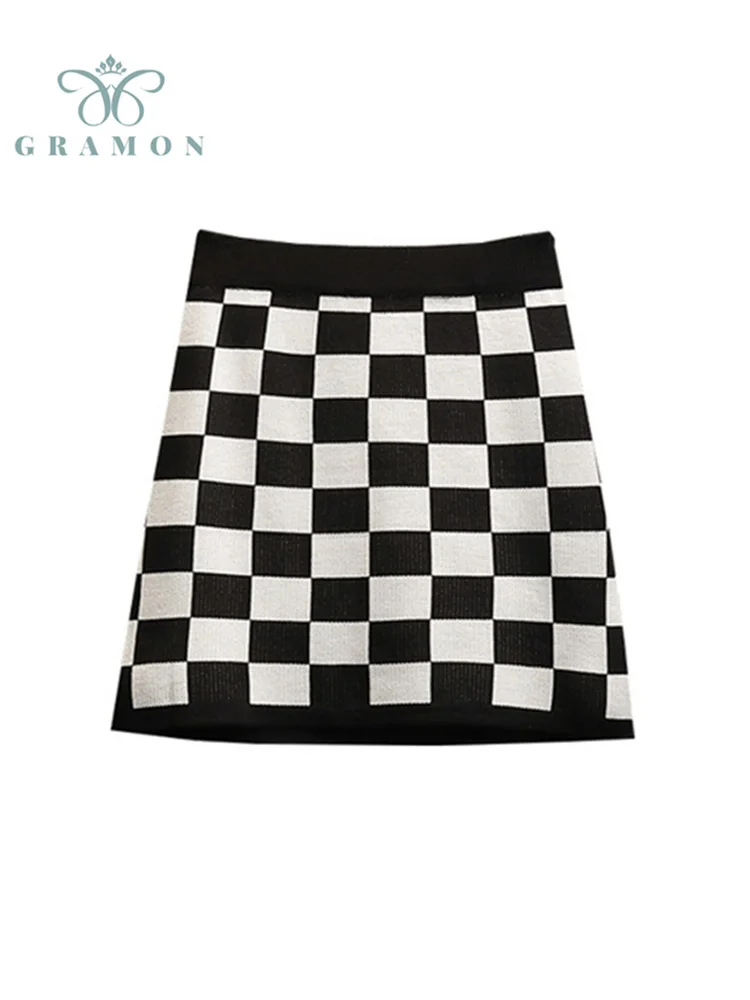 

A Line Skirts Women Plaid Mini Jupes Plus Size High Street Fashion High Waist All-Match Vintage Knitt Short Skirt Autumn Clothes