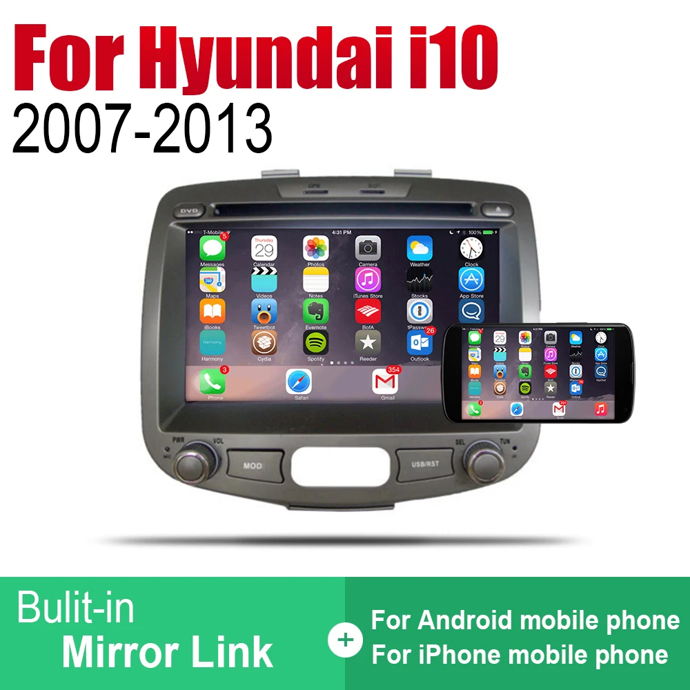 Автомобильный DVD GPS навигатор на Android для Hyundai i10 2007 2008 2009 2010 2011 2012 проигрыватель с