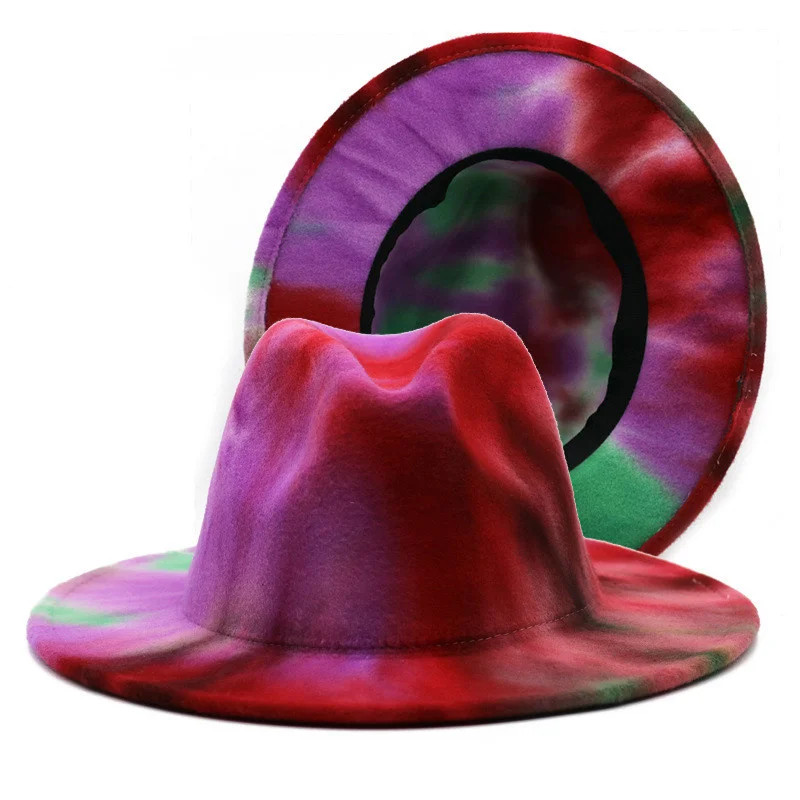 

Wool Tie dye Jazz Fedora Hats Double-sided Ink painting Trendy Men Women Felt Hat Formal Dress Wedding Panama Trilby Party Cap