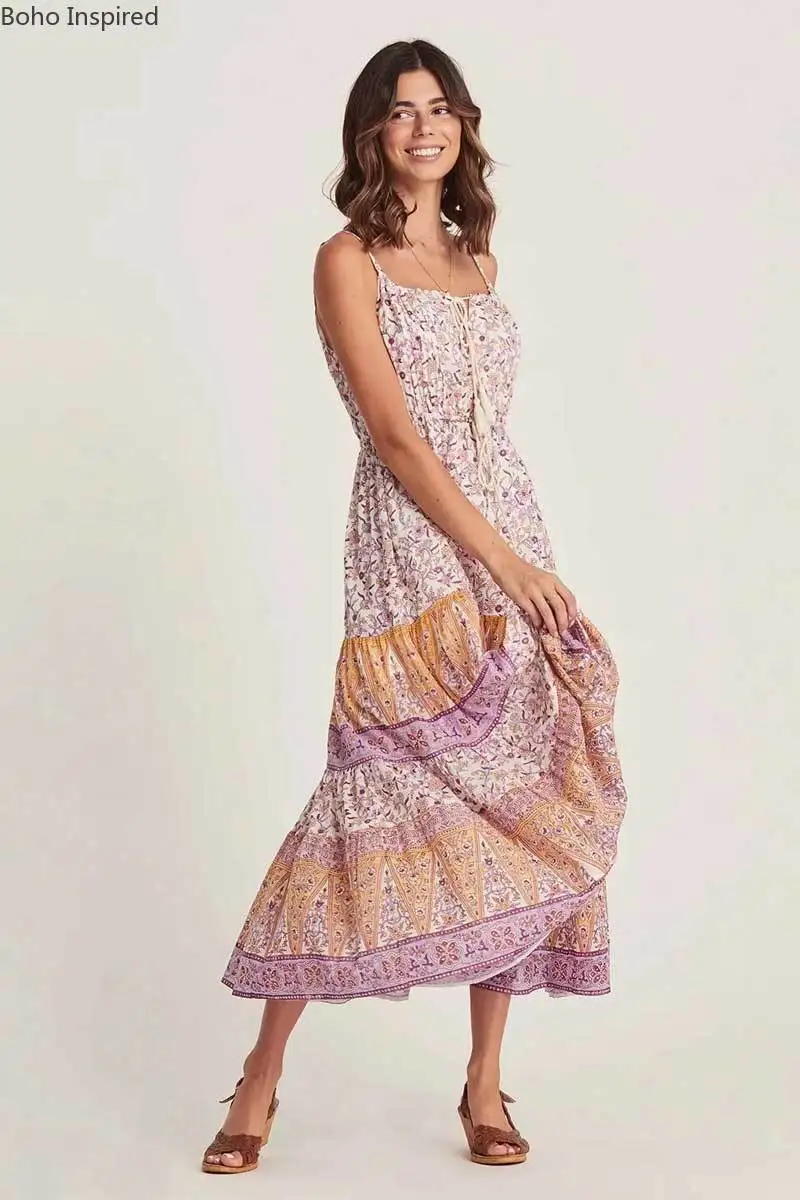 BOHO INSPIRED Lilac floral sleevless long boho dress tassle summer plus size women bohemia style beach Sundress new | Женская одежда