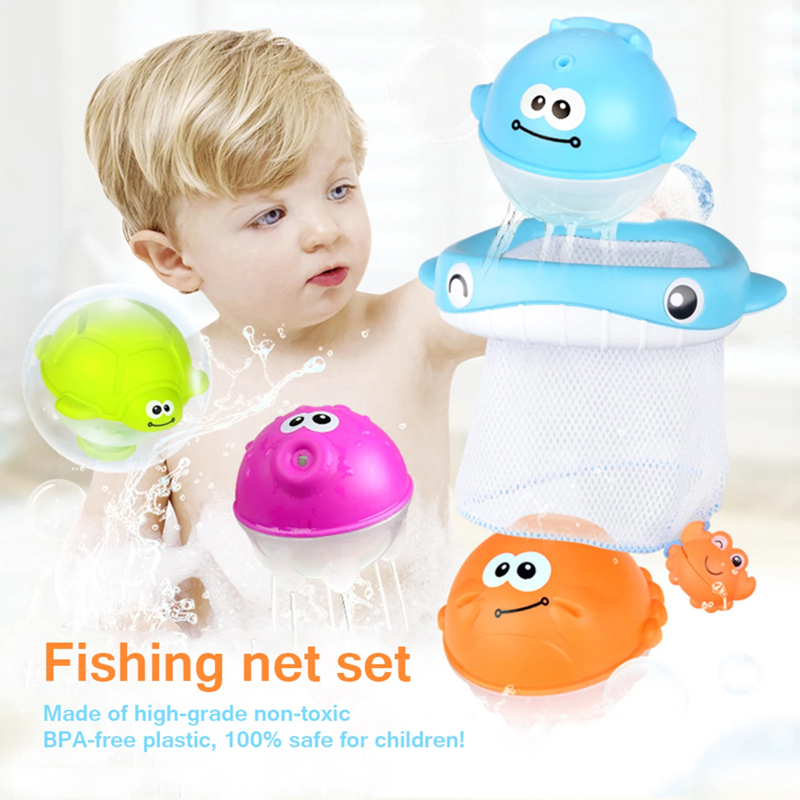 

Bathroom Shooting Toy Whale Fishing Net With Water Spray Ball 90 Degree Sucker Handle Fixed Bathing Shower Toys