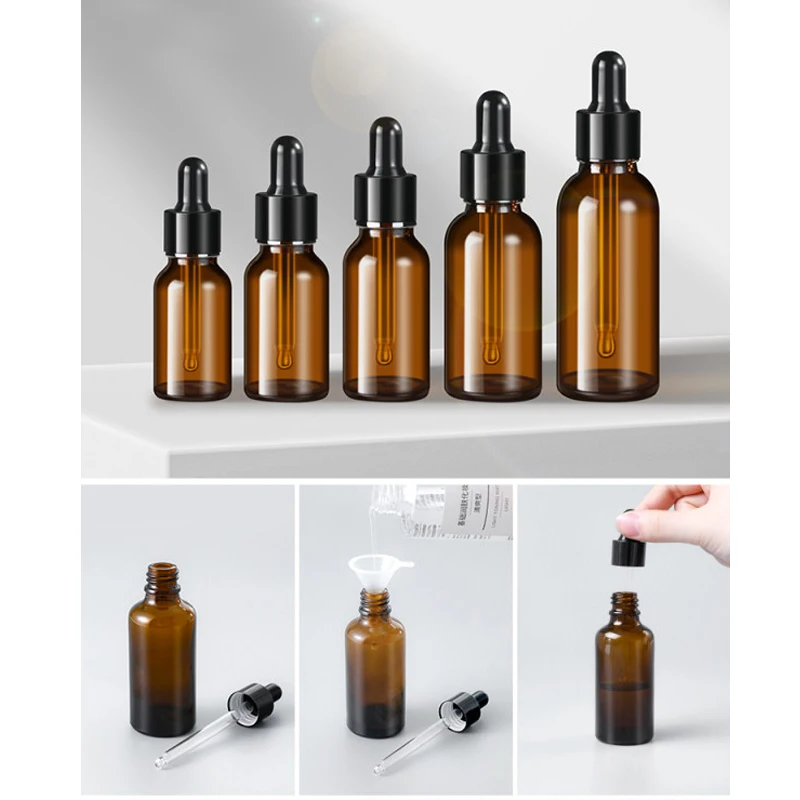 

1Pcs 5ml-50ml Empty Amber Glass Dropper Bottles Pipette Brown Refillable Bottle For Reagent Essential Oil Aromatherapy Liquid