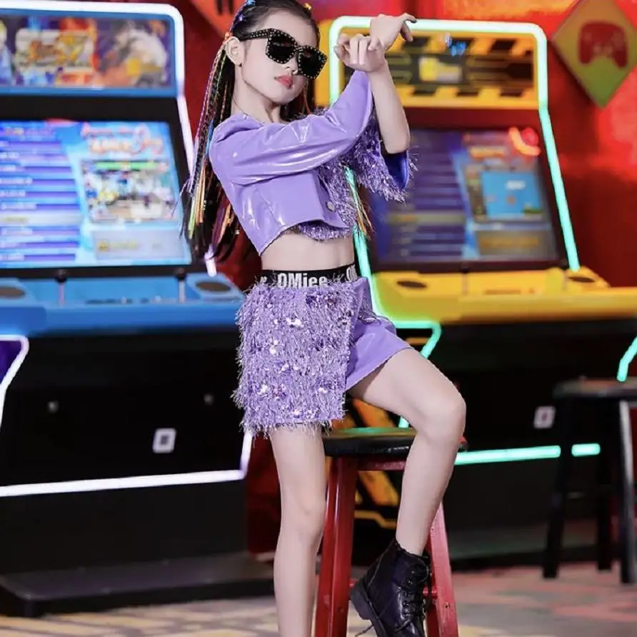 Новинка 2020 детские танцевальные костюмы в стиле хип хоп комплект с фиолетовыми