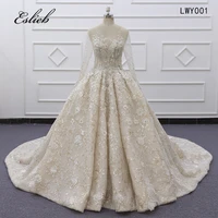 2020 lwy001 wedding dresses full sleeves ball gown arabic champagne luxury dress long train princess style