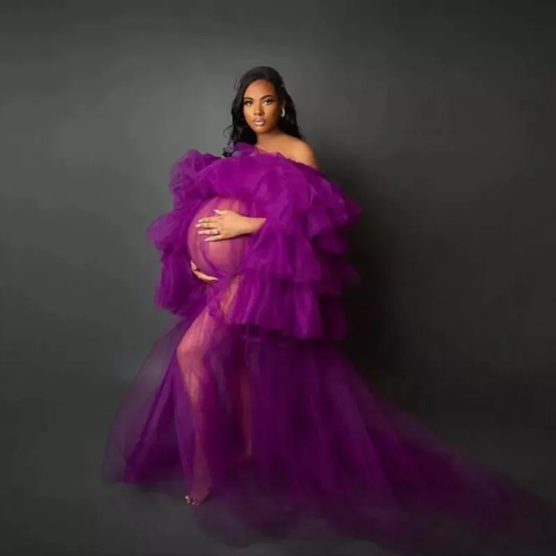 

Purple Off The Shoulder Maternity Dresses For Photo Shoot Tulle Robe Dressing Gown Sheer See Through Pregnancy Dresses