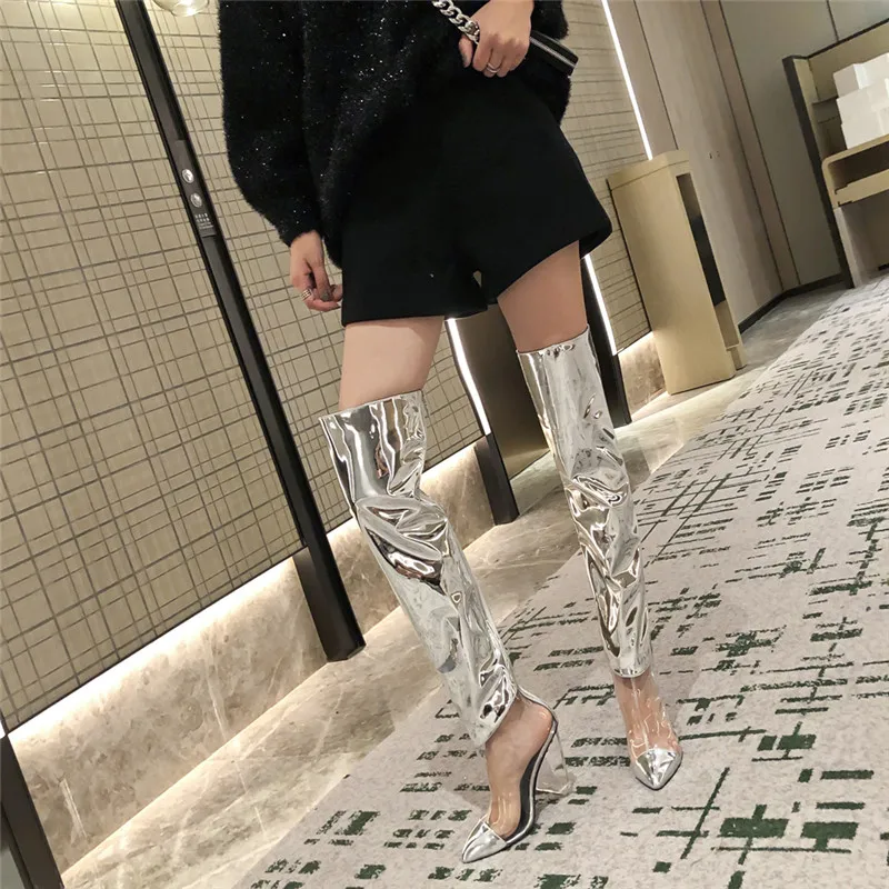 Пикантные Великолепные Сапоги до бедра с острым носком и кристаллами женские