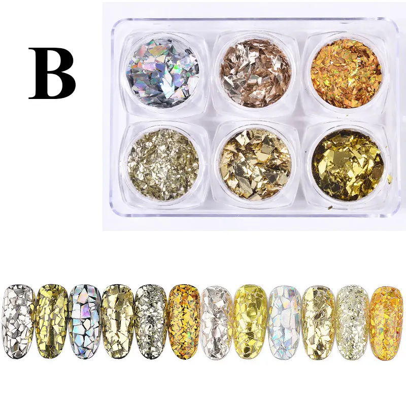 

Gold Silver Foil 6bottle/set Nail Glitter Sequins Glass Nail Foils Colorful Aurora Shimmer Sequins Laser Cellophane Mermaid
