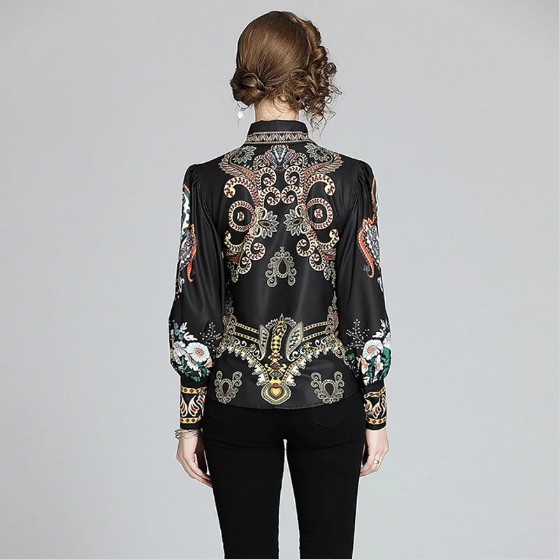 

New Elegant Vintage Fashion Women Spring Autumn Print Slim Shirt Office Lady Turn Down Collar Long Sleeve Blouses Tops