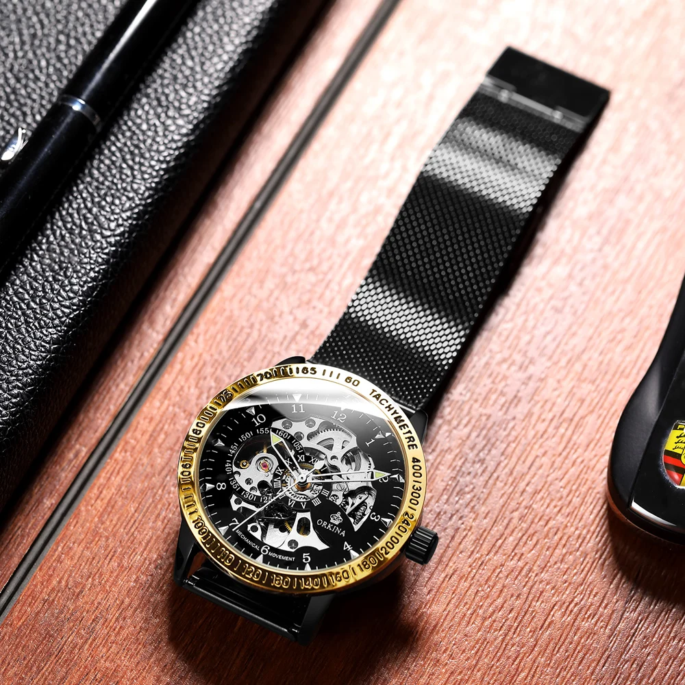 Роскошные полые механические часы с автоматически подзаводом мужские черные