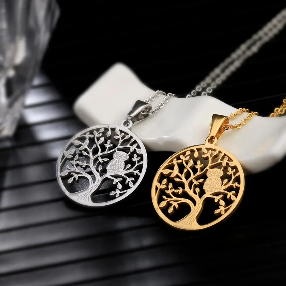 Дерево жизни сова кулон ожерелье для женщин мужчин Золотой Цвет Нержавеющая