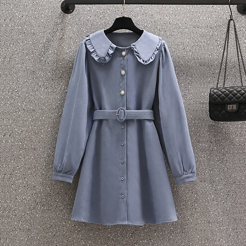 

Large Size Women Blue Shirt Dress Autumn 2021 Ruffle Peter Pan Collar Long Sleeve Loose Ladies Elegant Dresses with Belt