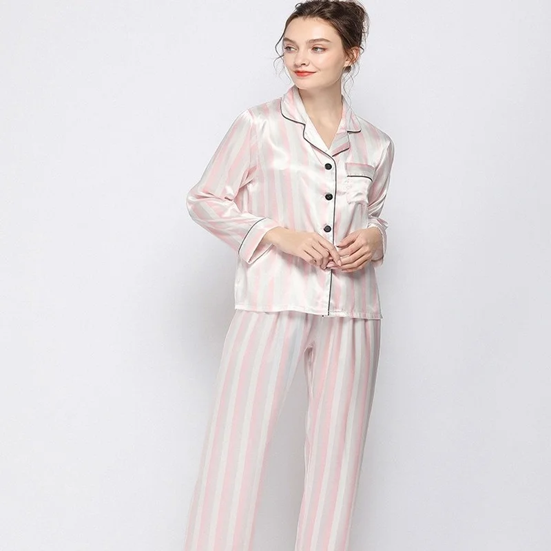 QWEEK Striped Silk Like Pajamas for Women Autumn Brief Bedroom Set 2 Piece Pijamas Female Sleepwear Pink Black Loungewear Pyjama