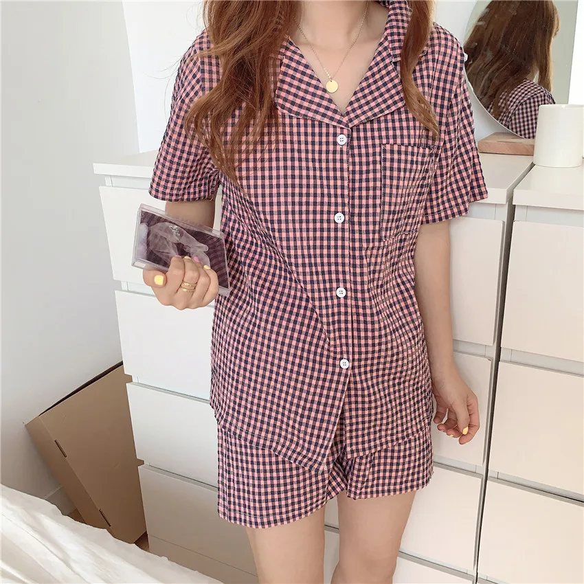 

CBAFU летняя Пижама клетчатая, домашний костюм, комплект из 2 предметов, домашняя одежда, рубашки с коротким рукавом с эластичной талией Шорты ...