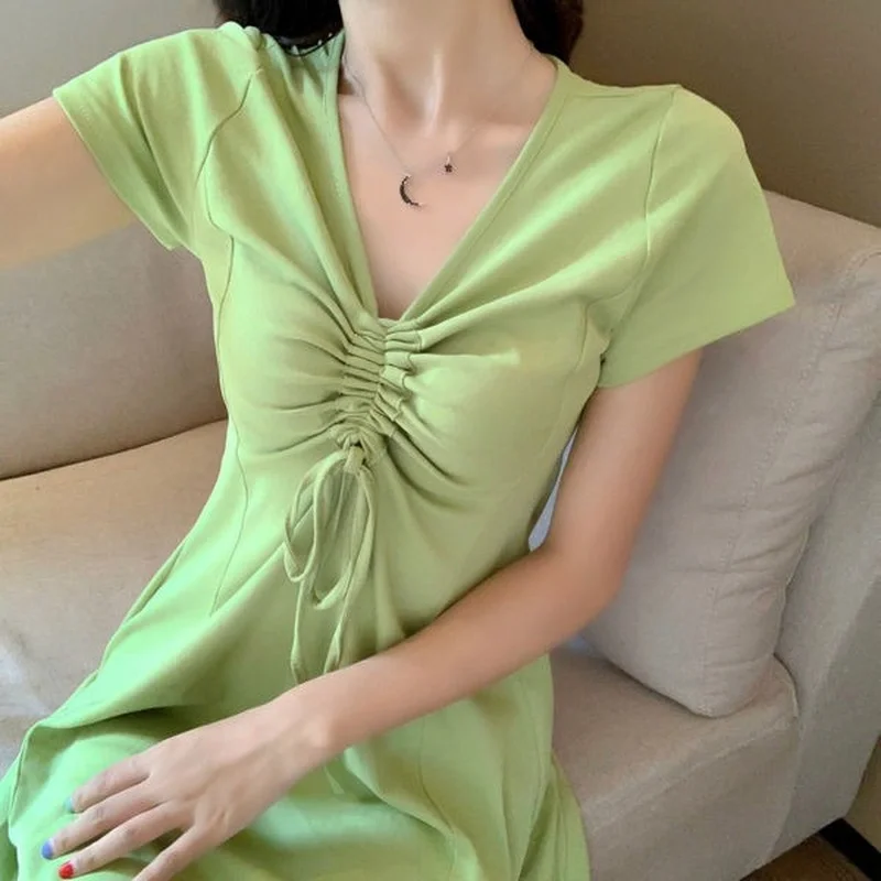 

Women Short Sleeve Dress Sexy Slim High Waist Drawstring V-neck A-line Solid Simple Elegant OL Ulzzang All-match Fashion Chic