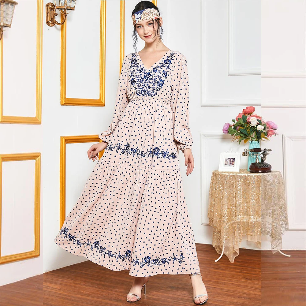 

Polka Dot Embroidery Long Dress women Pink V Neck Full Sleeve Maxi Dresses Fall Empire Swing Muslim Arabic Clothing vestidos