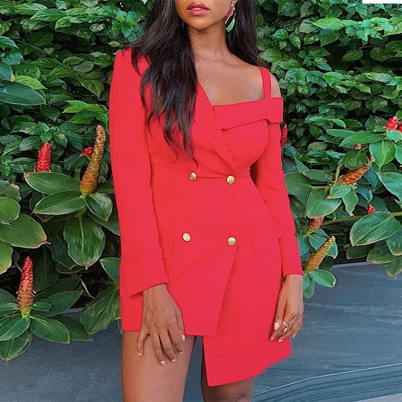 Двубортное платье блейзер с открытыми плечами|Женские платья| |