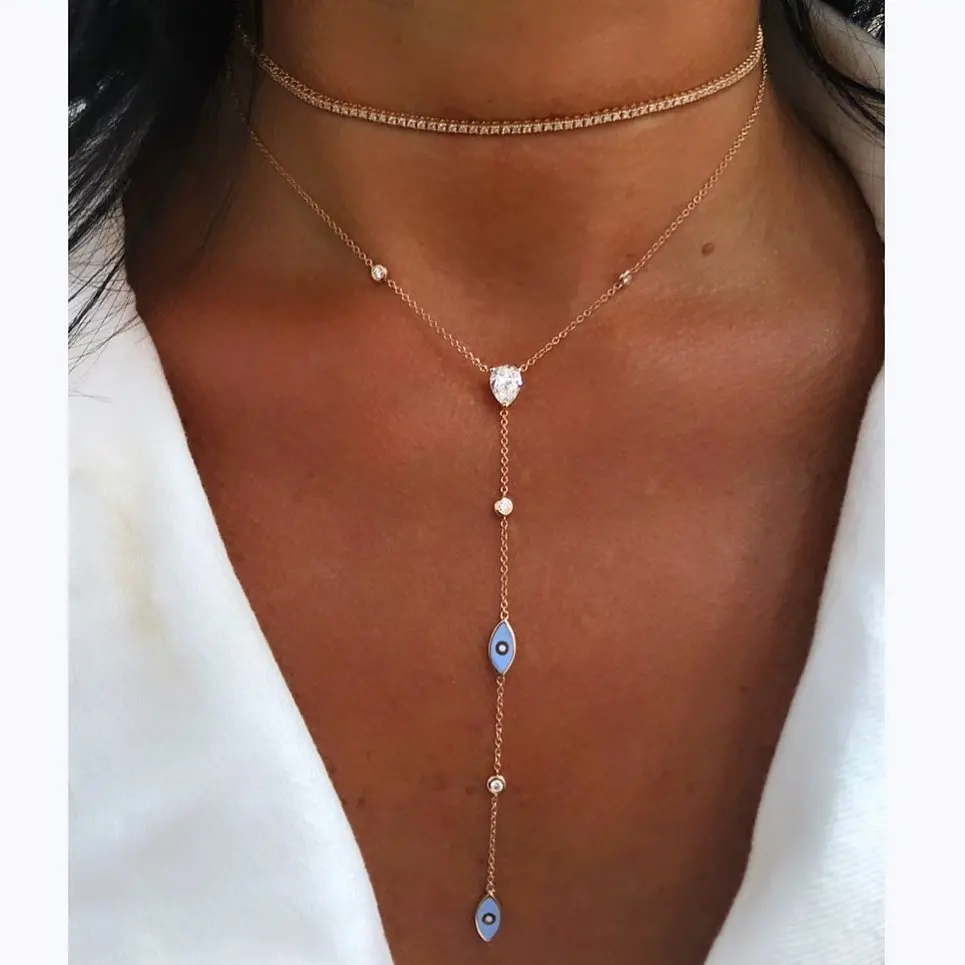 

enamel evil eye charm necklace Cute lovely eye white cz link chain long Y lariat women sexy necklaces jewelry