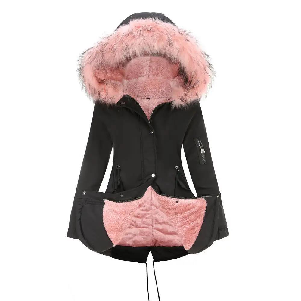 New Winter Women's Jacket Mid-length Thick Coat Hooded Cap Coat Slim Parka Coat Cotton Padded Jacket Coat Black Cotton Coat
