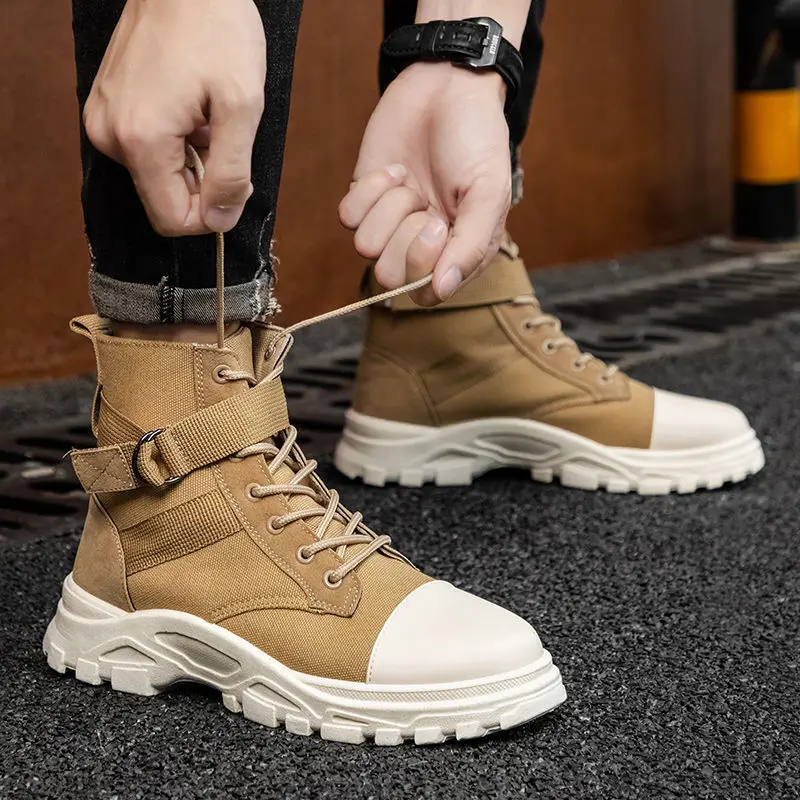 

Men Military Boots Outdoor Fashion Canvas High Top Shoes Casual Shoes Black Chelsea Boots Zapatillas Hombre New 2021