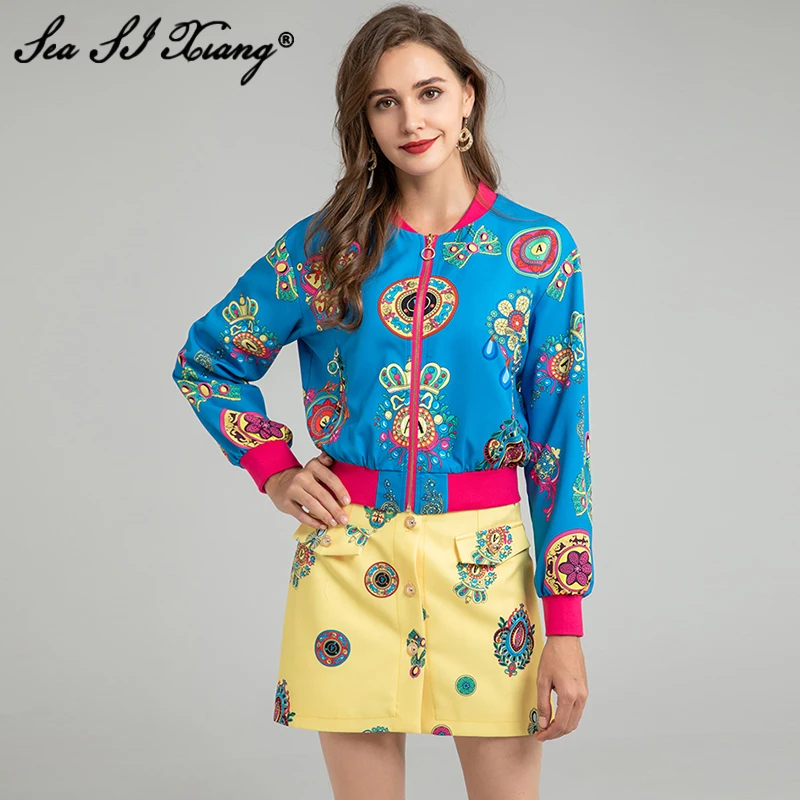

Seasixiang Fashion Designer Autumn Suit Women O-Neck Long Sleeve Jacket + Yellow Skirt Floral Print Casual Two Pieces Set