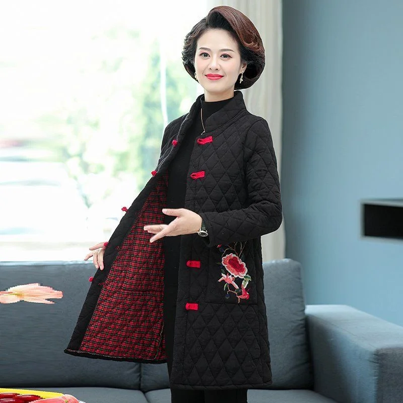 2021 Women Winter New Mother Loaded Pocket Embroidered Cotton Clothing Female Long Section Warm Cotton Clothing Jacket tide A371