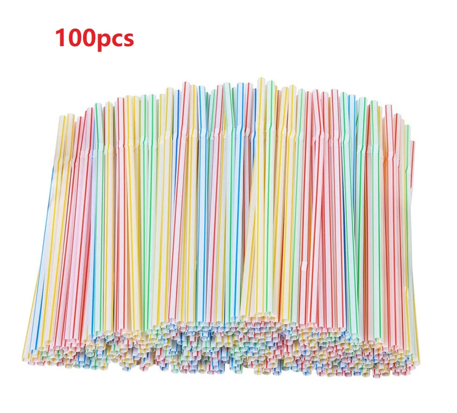 

100pcs Plastic Drinking Straws 8 Inches Long Multi-Colored Striped Bedable Disposable Straws Party Multi Colored Rainbow Straw