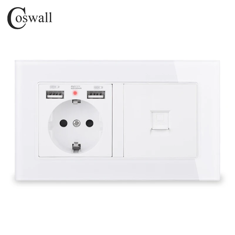 Настенная розетка стандарта ЕС COSWALL Россия Испания 2 порта USB для зарядки со