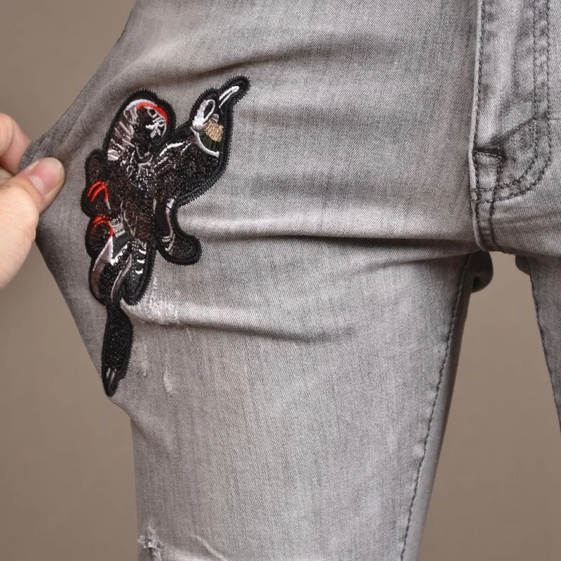 Джинсы-Карандаш мужские с вышивкой в виде птиц винтажные рваные брюки из денима
