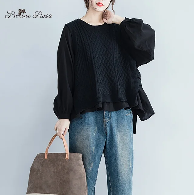 black BelineRosa 4XL 5XL 6XL Большие размеры Женский вязаный свитер 2 шт. женские Топы Осень ALWY0005 - Цвет: black