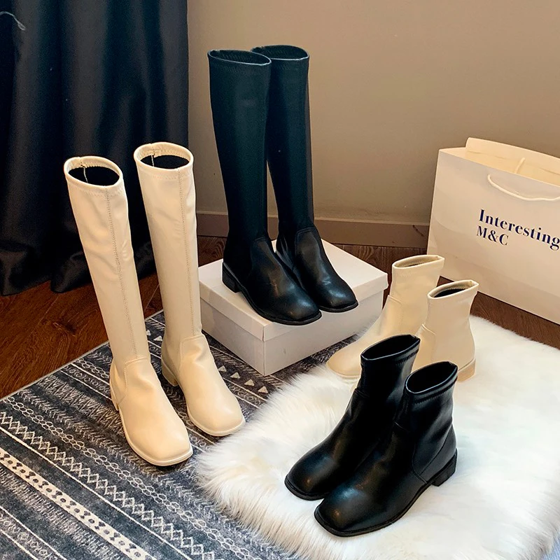 

Stretch Fabric Women Knee High Boots Square Toe Boots Women Long Chunky Block Low Heel Boots Black Beige