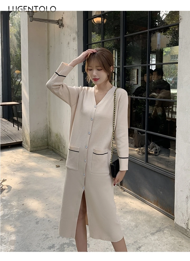 

Lugentolo Women Cardigan Sweater Autumn Winte Slim V-neck Over The Knee Bottom Skirt French Loose Simple Solid Lady New Sweater