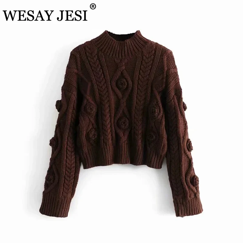 

Женские пуловеры WESAY JESI ZA, укороченный вязаный теплый свитер с цветочным принтом, винтажные женские пуловеры с высоким воротником и длинным ...