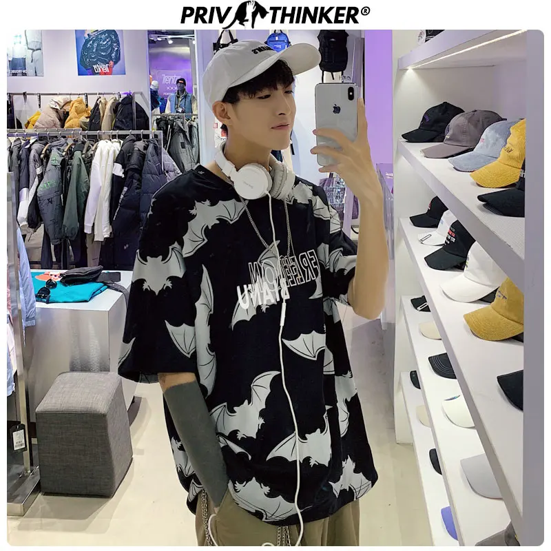 Privathinker 2020 Summer Bat Print Men's T-shirt Hip Hop Fashions Tshirts Men Oversize M-5XL Male Cotton High Quality T Shirt | Мужская