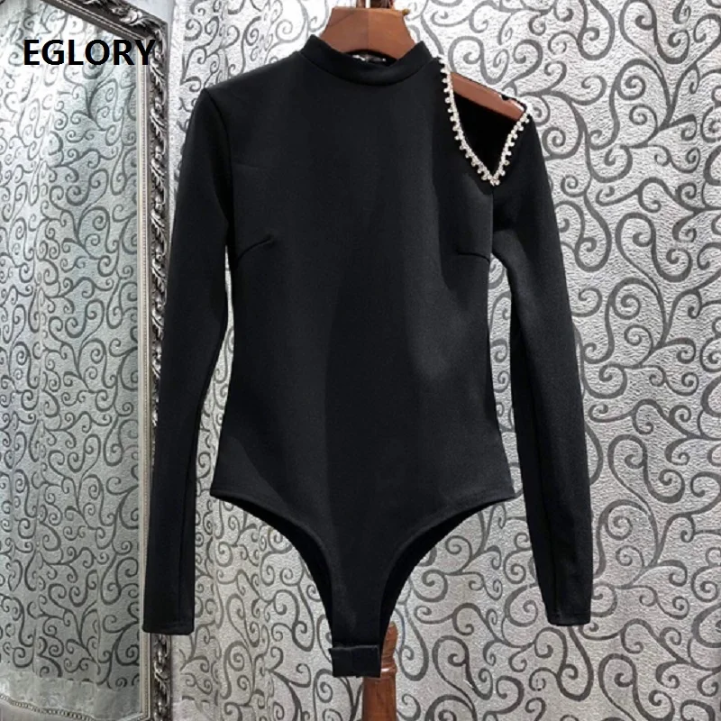 

Женское боди с длинным рукавом, черное повседневное боди с вырезами и бисером, Осень-зима 2020