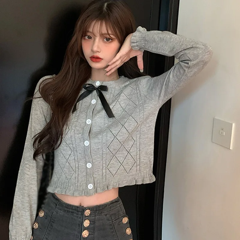 

Женский трикотажный кардиган с бантом, повседневный однотонный короткий свитер с длинными рукавами и круглым вырезом, весна 2021