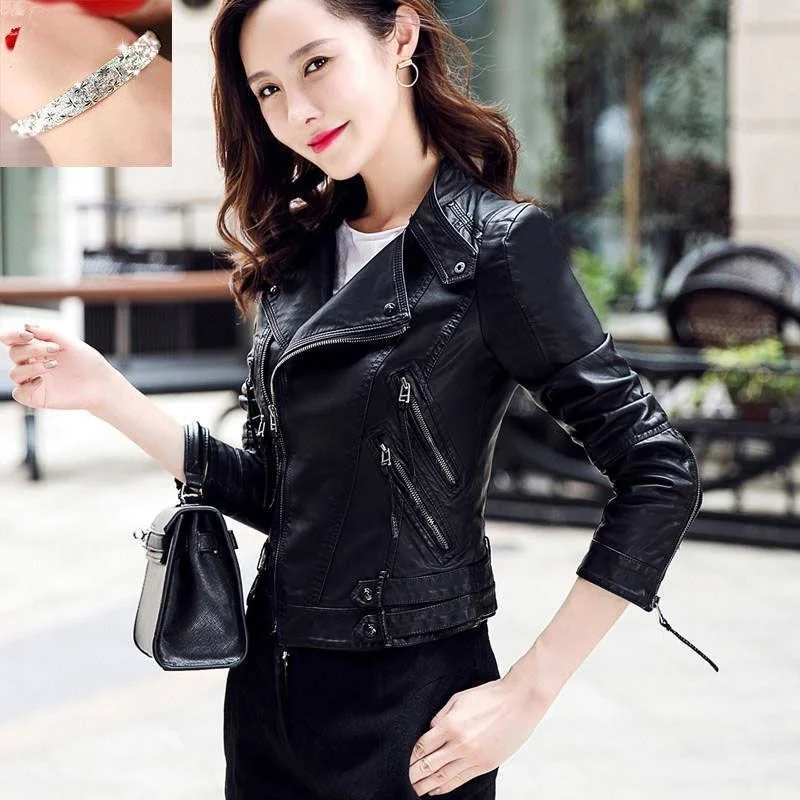 Quality leather women's short wash PU leather jacket 2021 spring and autumn long sleeve slim fitting motorcycle enlarge