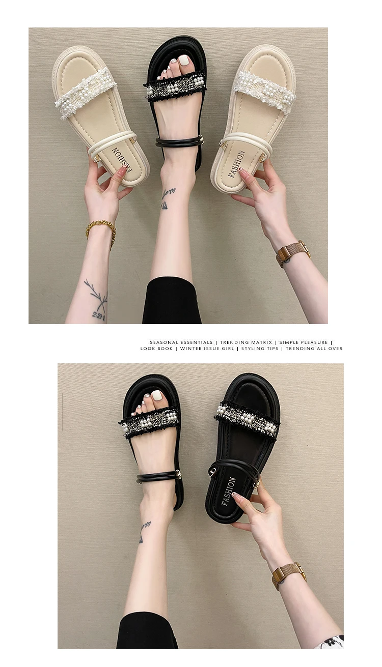

2021 summer new style flat bottom low heel drag thick bottom women all-match women's slippers two-wear beaded women's sandals