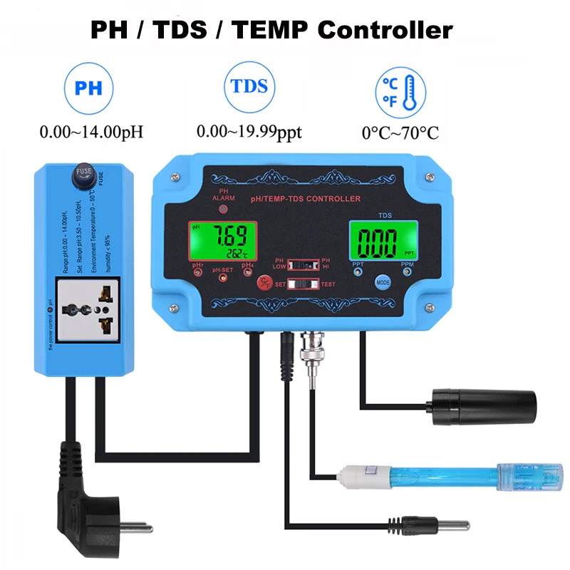 3 in 1 PH Controller TDS PPM Temperature Meter Monitor Replaceable BNC Type Probe Aquarium Hydroponics Water Quality Tester