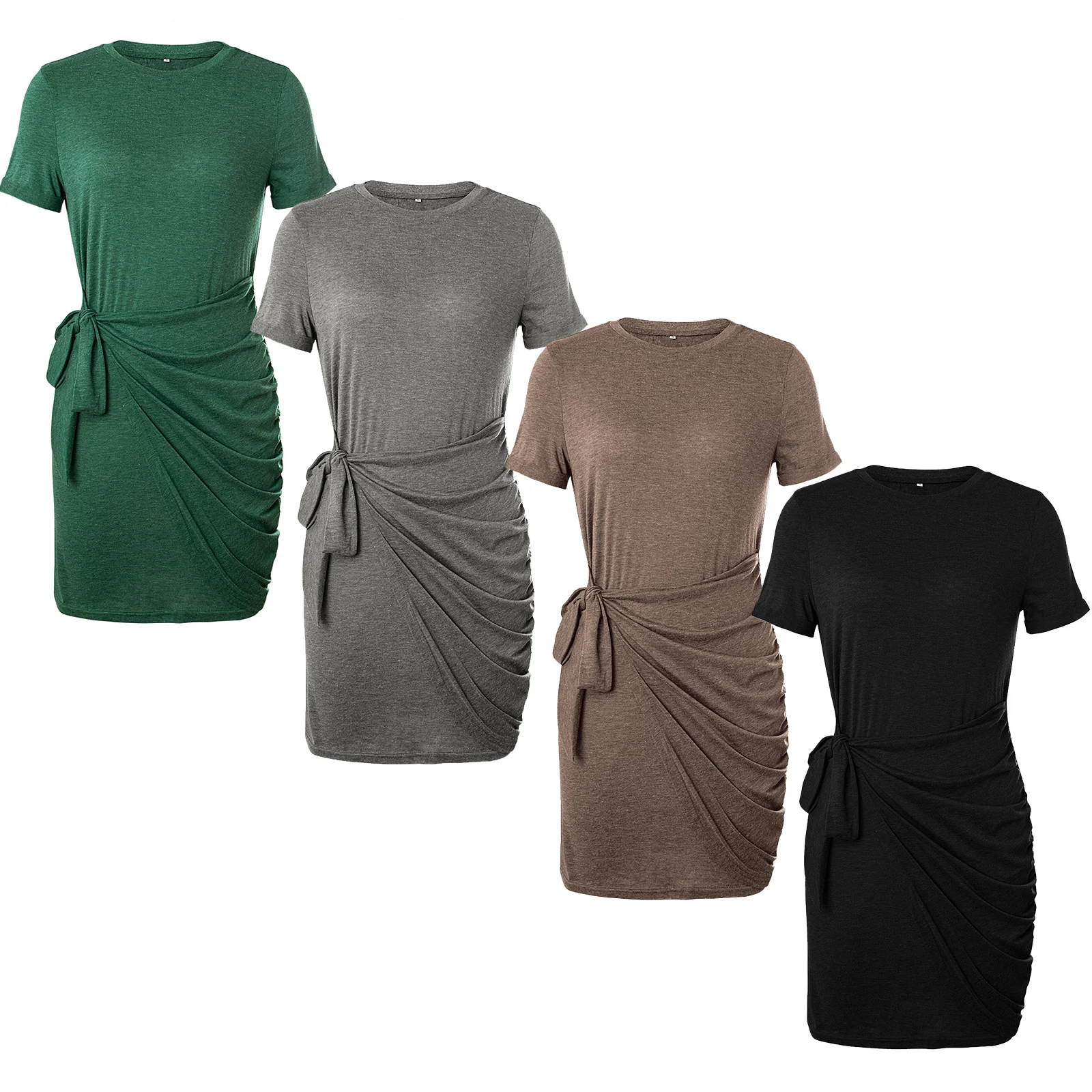 

knotted Ruched Summer Dress Women Fashion Casual Solid Color Crew Neck Short Sleeve Bodycon Dresses Business Office Lady Elegant