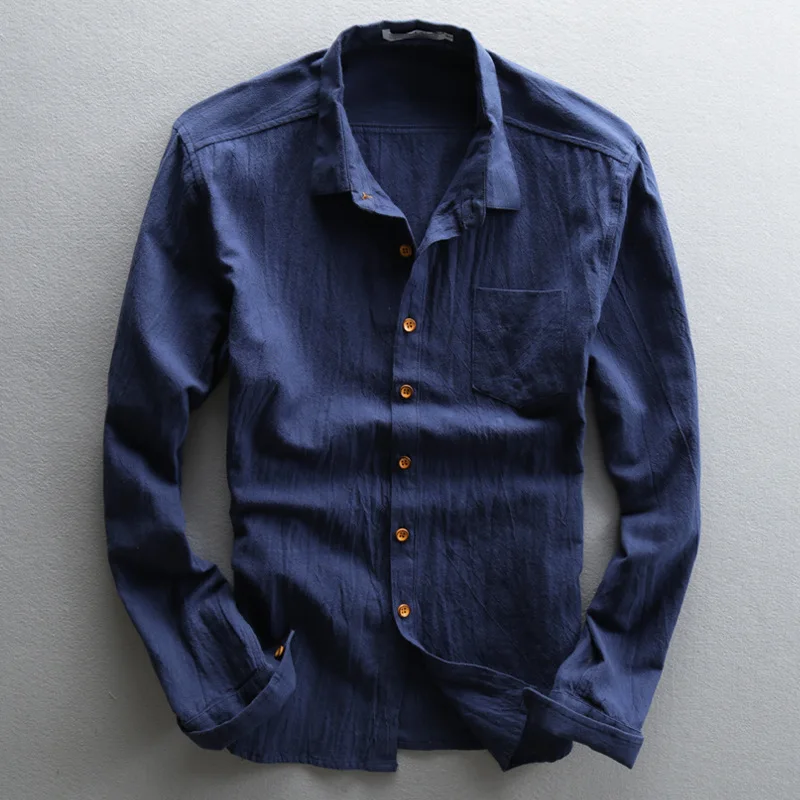 Льняные рубашки с длинным рукавом из хлопка приталенные отложным воротником