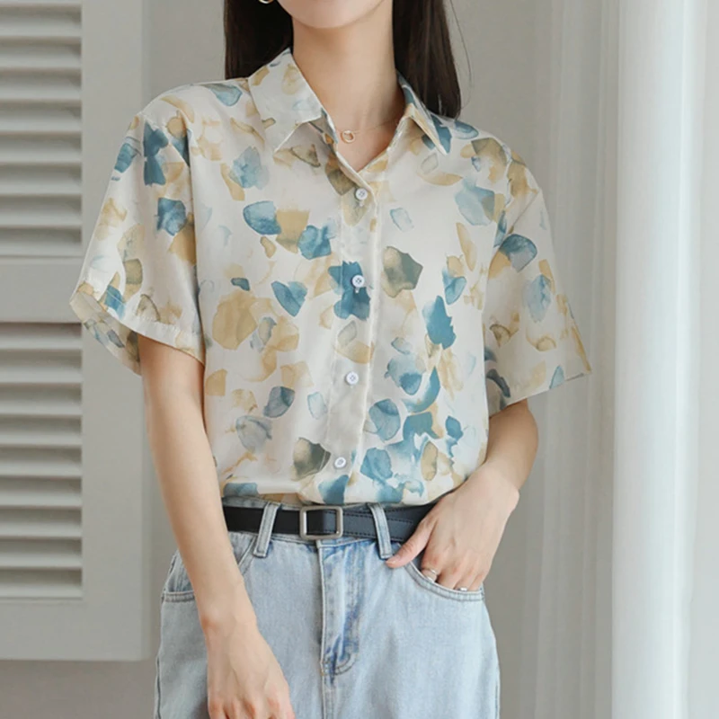 

LJSXLS Retro Print Women's Blouse Summer Single Breasted Short Sleeve Female Blouses Loose Casual Holiday Style Women's Clothing