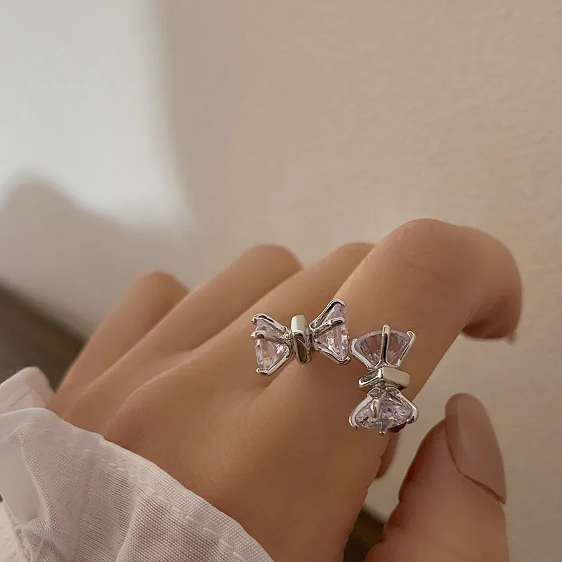 

Brillian Korean Style Adjustable Size AAA Zircon Bow Rings for Women Bijoux Gifts for Women 2021 Trend Y2k Jewelry Bead Jewelry