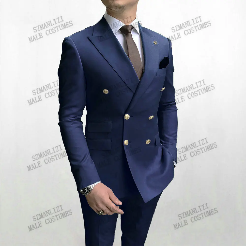 2021 Latest Design Double Breasted Navy Blue Men Slim Fit Suits Gold Buttons Wedding Suit For Men Costume Homme Best Man Tuxedo